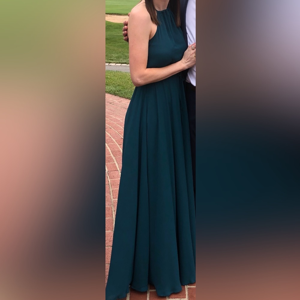 Teal Halter Floor Length Wedding Guest Dress w/ Leg Slit